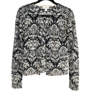 Ann Taylor LOFT Womens Black White Damask Floral Knit Button Cardigan Sweater S
